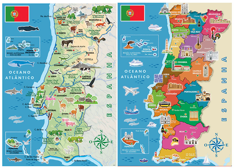Mapa geográfico representando os distritos de Portugal. Os