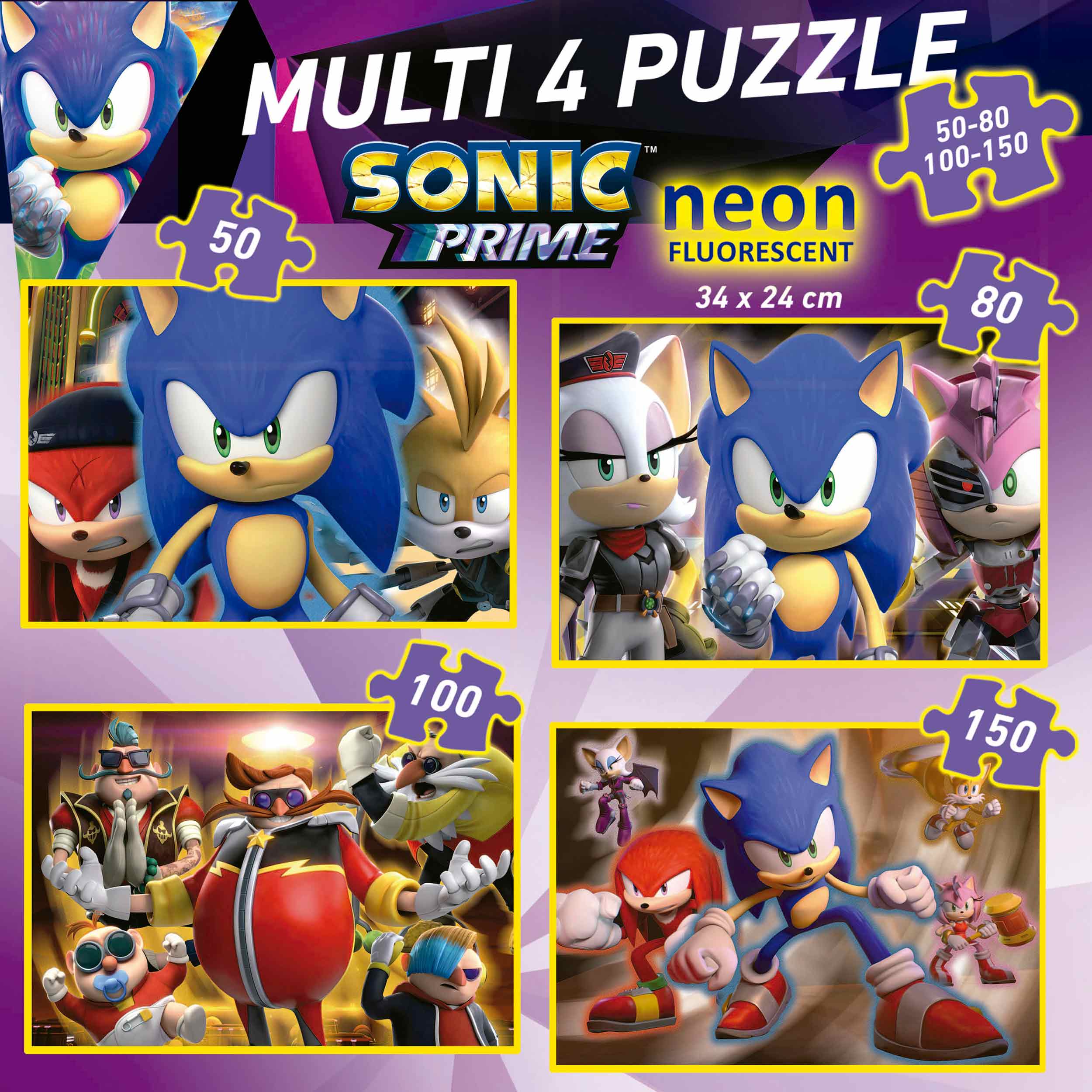 Educa Borras - Sonic Prime Neon: Conjunto 2x100 Peças Puzzles Brilhantes ㅤ, PUZZLE 100+ pçs